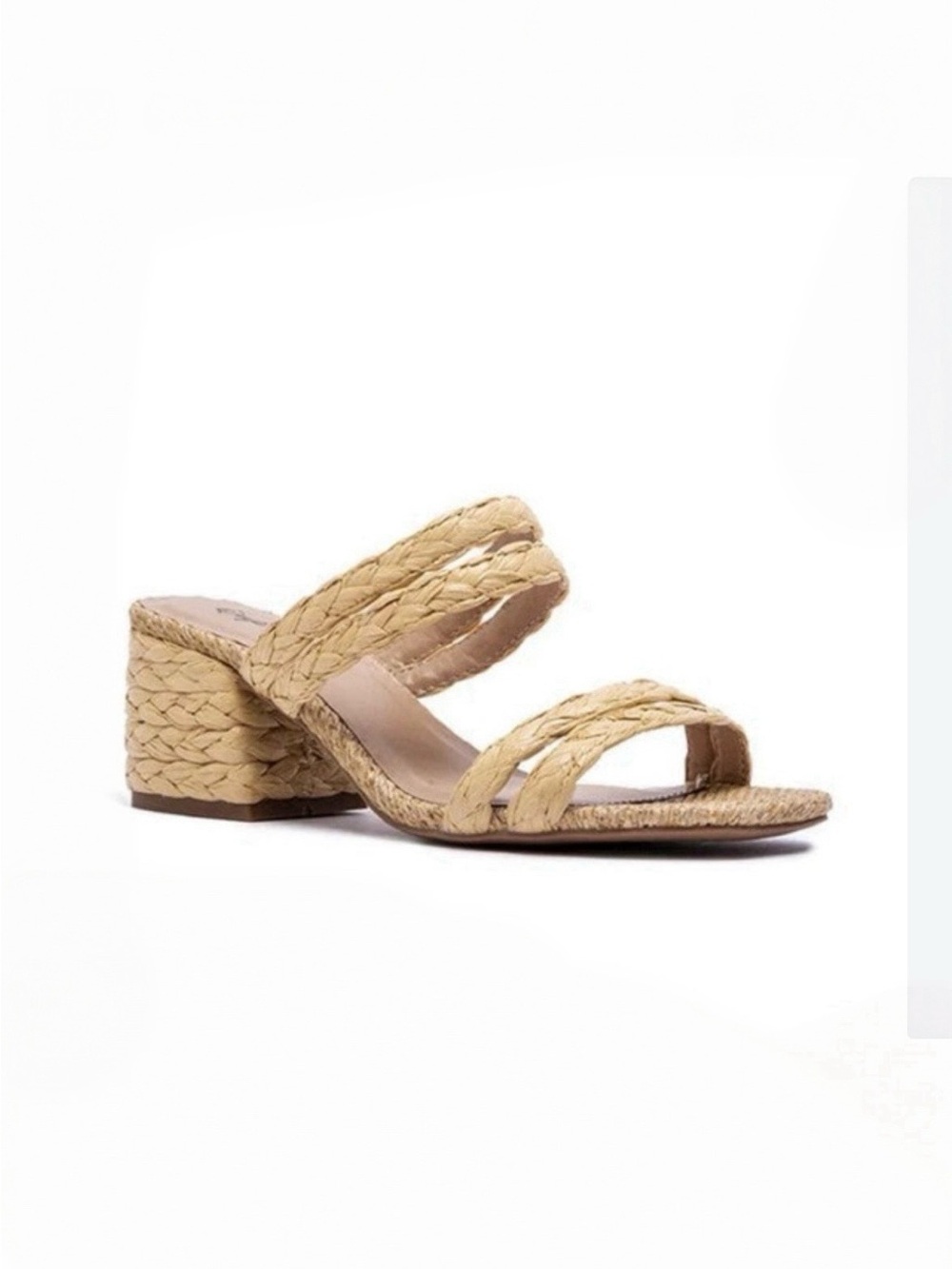 Qupid Natural Braided Two-Strap Mule Heels
